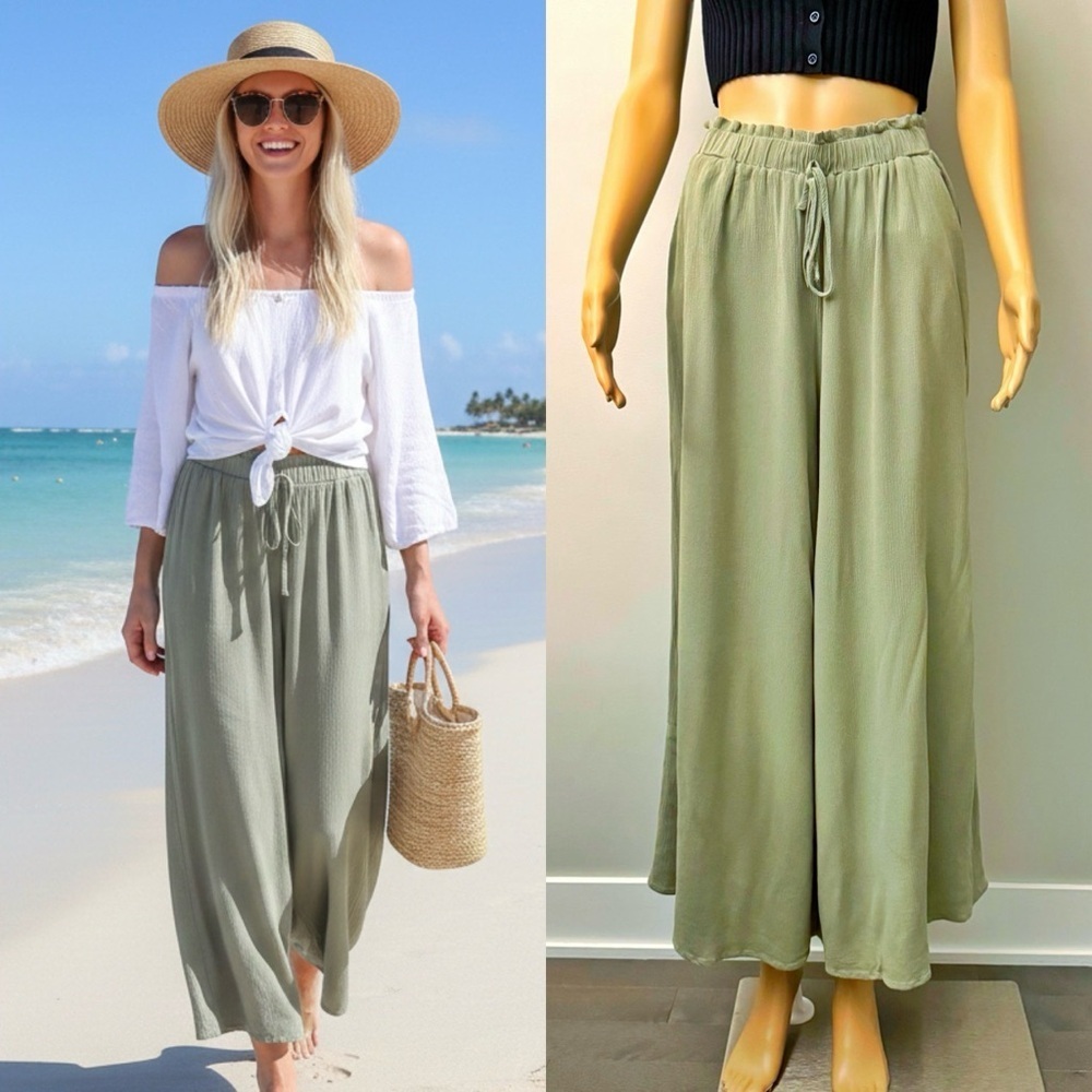 Emery Rose High Waisted Casual Wide Leg Baggy Pastel Green  Pants Trousers.